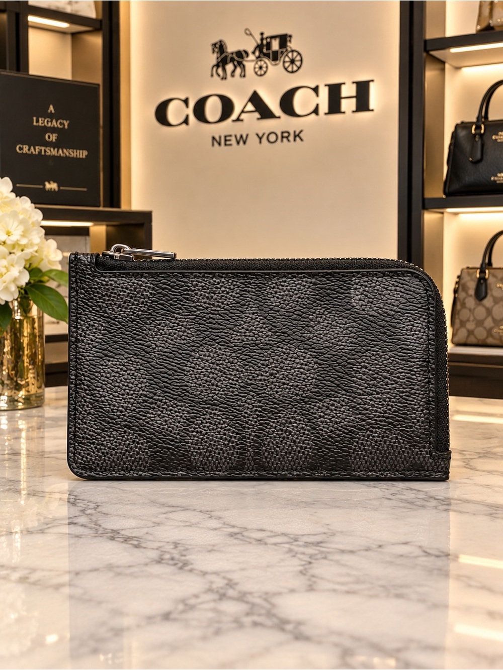 Coach Black Signature Zip Card Case Wallet
